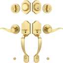 Double Front Door Handle Set with Dummy and Deadbolt, Brushed Gold Entry Front Door Lock Set with Gold Classic Half Grip Curved Door Handle for Exterior Doors or Office, Satin Brass