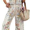WDIRARA Women's Boho Floral 2 Piece Palazzo Pants Set Short Sleeve Blouse (Blue)