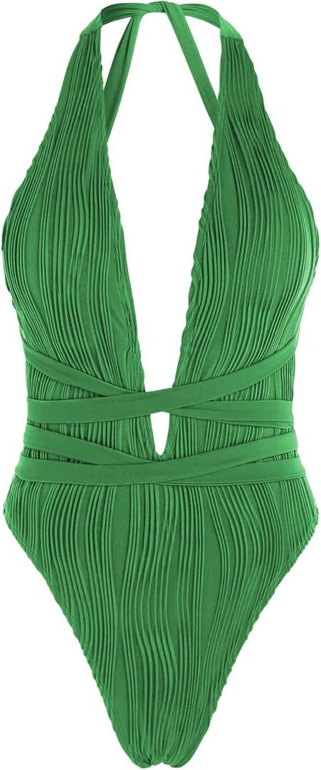 ZAFUL Women Plunging One Piece Swimsuit Backless Cross Tie High Cut Thong One-Piece Bathing Suit (Medium, 23-green)