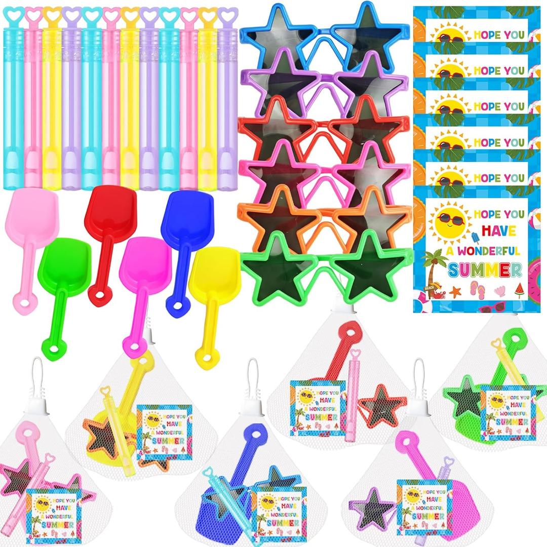 QICI 12 Set End of Year Gifts for Students Summer Gifts Preschool Graduation Gifts Class Classmate Present Beach Shovels Sunglasses Bubble Wands Beach Sand Toy School Classroom Favors