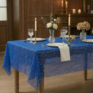 Horaldaily Royal Blue Sparkling Stars Gauze Tablecloth 6084 Inch Rectangular, Golden Star Sequin Glitter Metallic Foil, Sheer Tulle Cheesecloth for Birthday Wedding Decor