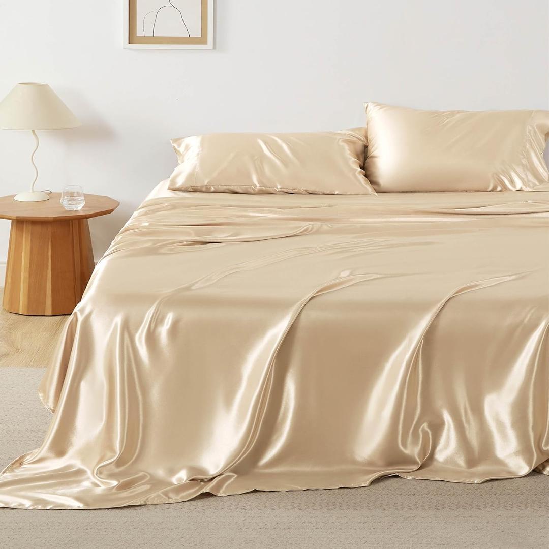 Bedsure Satin Sheets Full Size - 4 Piece Silky Bedsheets with 15 Inches Deep Pocket Fitted Bedsheet,1 Flat Sheet, 2 Satin Pillowcases, Good for Hair & Skin (Full, Champagne)