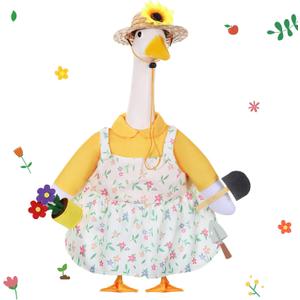 FuWeave Spring Goose Outfit Flower Porch Goose Clothes for 17" Statue Outdoor Patio Yard Lawn Art Decoration (Floral Overalls) (Yellow White)