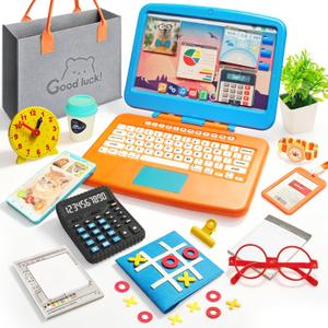 Home Office Pretend Play Toys for Kids, 20PCS Mini Workspace with Laptop, Calculator, Mug, ID Badge & Desk Supplies, Work from Home Toddler Role Play Set, Birthday Gift for Boys Girls Ages 3+, Child-size
