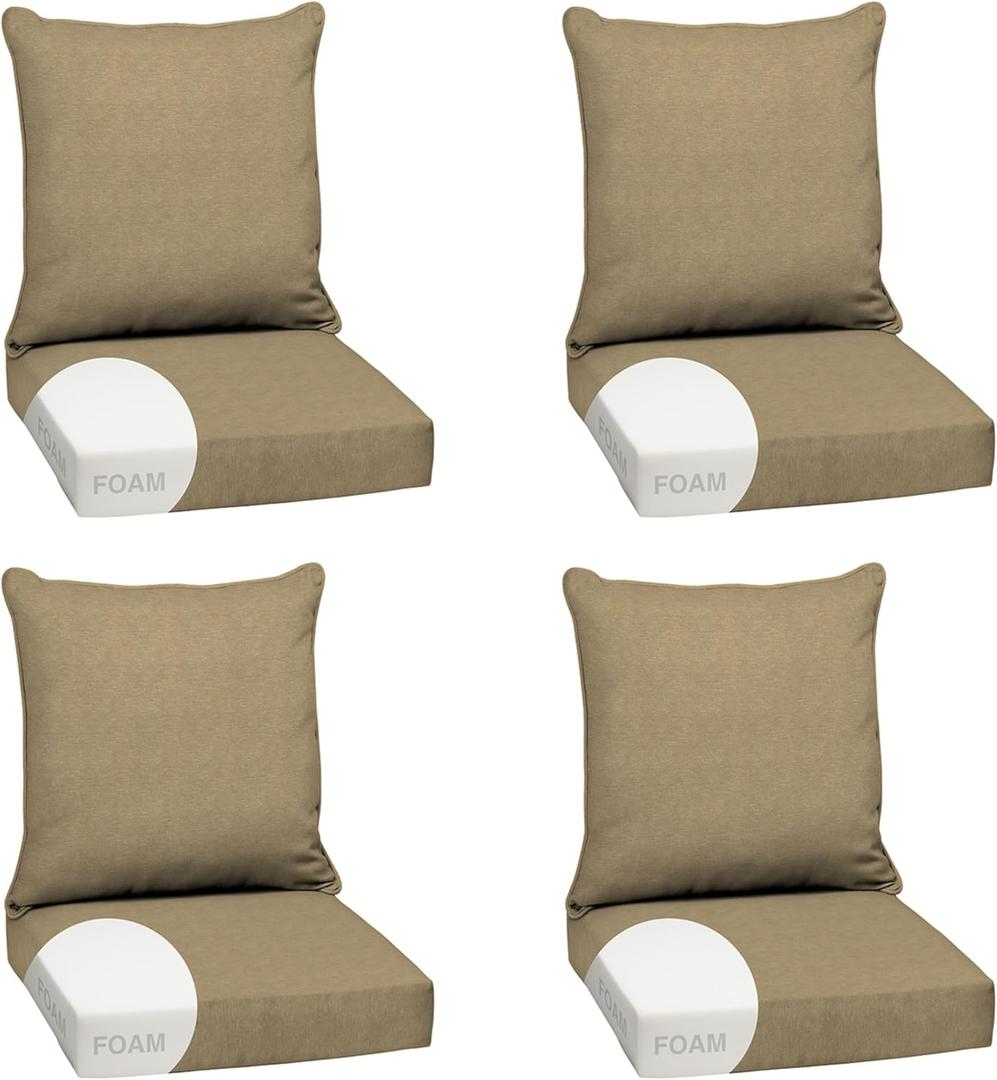 Arden Olefin Outdoor Foam Deep Seat Cushion Set (4-Pack), 24x24, Premium High-Density Foam, Never Flattens, Weather-Proof for Patio Chair Sofa Couch, Tan Hamilton
