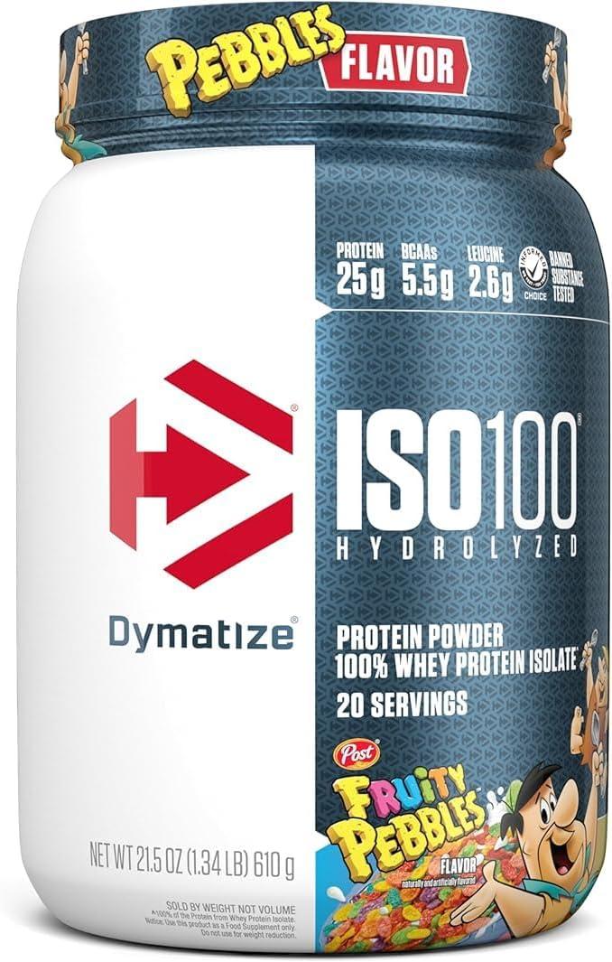 Dymatize x Fruity Pebbles ISO100 Whey Protein Powder Isolate, 25g of Protein, 20 Servings, 5.5g BCAAs, 120 Cal., Gluten Free, 1g Fat, 1g Sugar, 2g Carb (1.34 Pound (Pack of 1), EXP 06/27