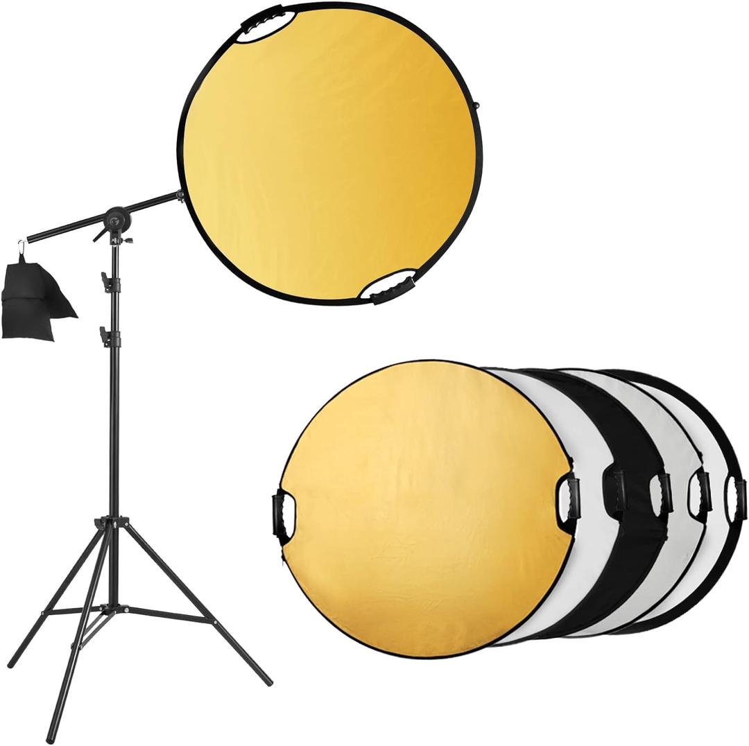 Selens Photography Reflector Holder Stand Kit, 32in / 80cm 5-in-1 Collapsible Light Reflectors with Swivel Boom Arm Stand and Sandbag for Photo Video Studio Lighting
