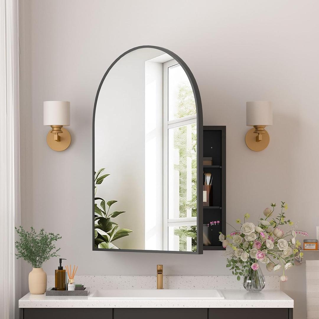 Medicine Cabinets for Bathroom, Black Arched Medicine Cabinet Recessed or Surface Wall-Mounted,Modern Bathroom Vanity Mirror with Storage, Mirrored Cabinet with Adjustable Shelves,20x30 Inch