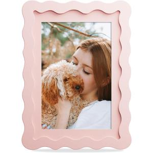 5x7 Picture Frame with Mat for 4x6, Wavy Edge Wooden Real Glass Photo Frame for Tabletop and Wall Hanging, Blue, 1 Pack
