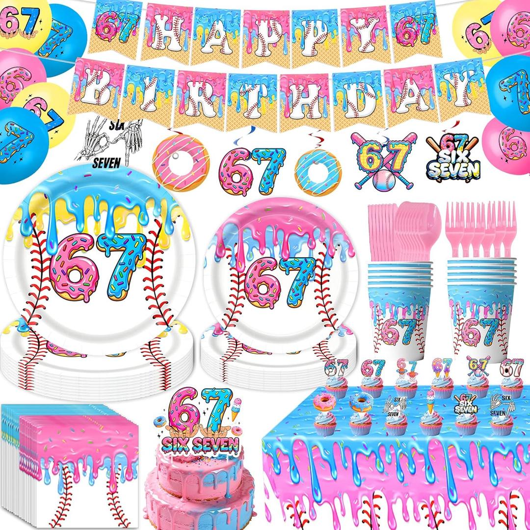 131pcs 6 7 Birthday Decorations, 67 Birthday Decorations | 6 7 Birthday Theme Set: Banner,Tablecloth,Cake Topper,Cupcake Toppers,Balloons,Cups,Napkins,Plates & Forks