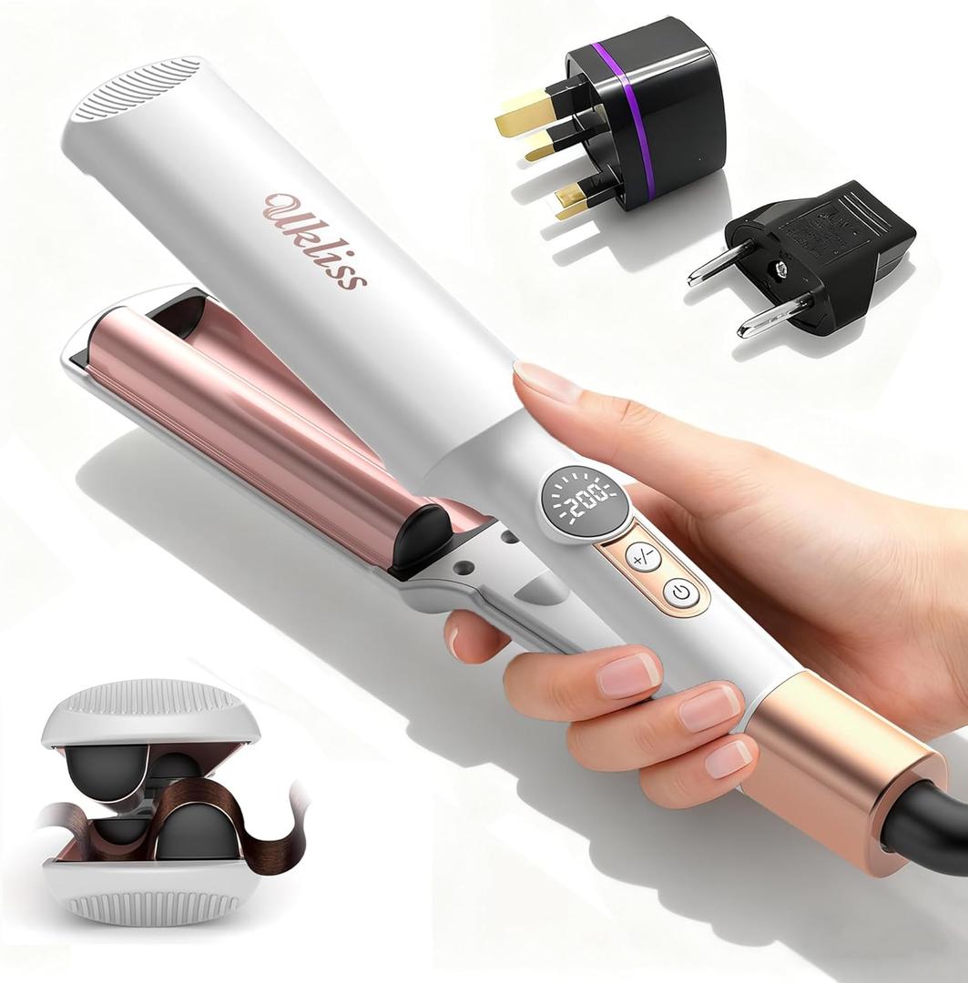Travel Mini Waver Hair Tool Crimper for Women 0.4 inch Small Double Barrel S Waver Curling Iron Dual Voltage (110-240V) with European Plug Adapter, 5 Temps, Anti-scalding, Auto-Off (White)