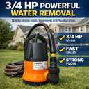 Sump Pump Submersible with 25 Ft. Garden Hose, 3/4HP