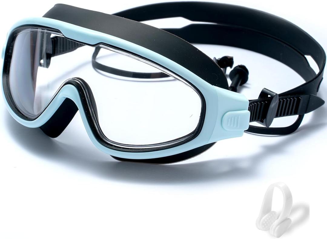 Swim Goggles for Kids 6-12, Wide View Anti-Fog UV Protection No Leaking,Boys Girls Youth Swimming Goggles (Black Blue), One Size