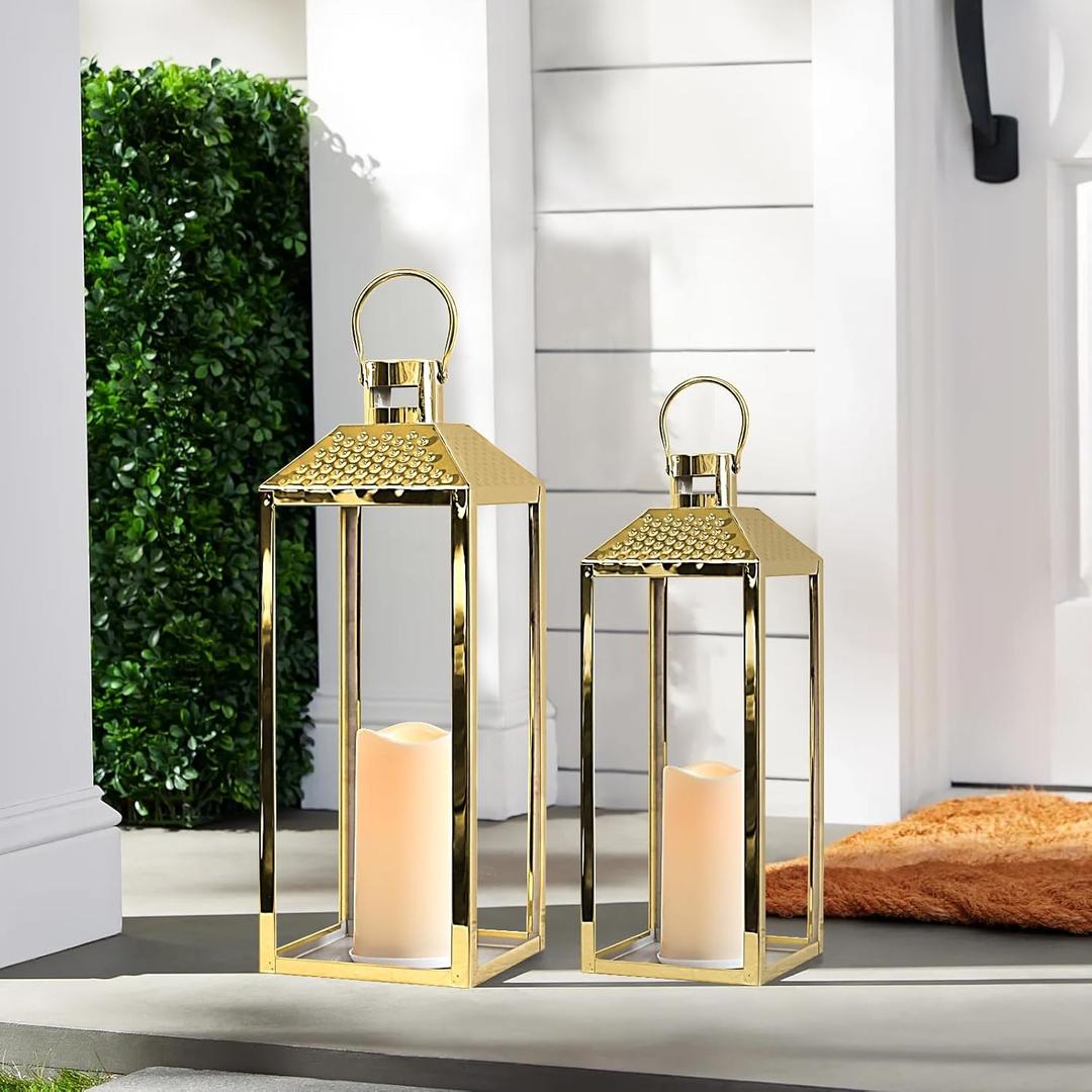Lanterns Decorative Outdoor Set of 2 19&15.5 Modern Stainless Steel Lanterns with LED Candles Large Decorative Candle Lanterns for Living Room Indoor Outdoor Porch Patio Home Decor (Metallic Gold)