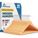Lifemaster Wooden Hanger Set - 80 Pieces Non-Slip Versatile Closet Space-Saving Hanger Set for Suit, Coat, Camisole, Jacket, Pants, and Dresses with Rotating Swivel Hook - Natural Wood