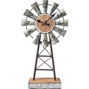 Rustic Windmill Table Clock for Living Room Decor, Vintage Galvanized Metal & Wood Desk Clock with Silent Quartz Movement, Farmhouse Windmill Decor for Living Room, Mantel, Shelf & Office