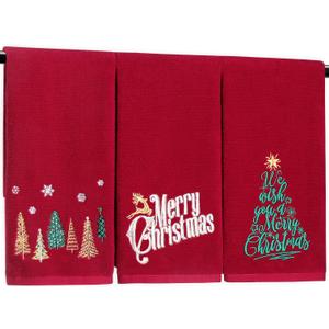Quera 3 Pack Christmas Hand Towels 100% Cotton Embroidered Red Bathroom Decor Decorative Kitchen Towels Set for Drying, Cleaning, Cooking, Holiday Towels Gift Set,13.7 x 29.5 inches