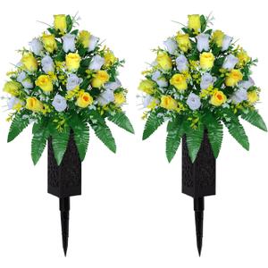 Artificial Cemetery Flowers, Gravesite Decoration Roses, Memorial Bouquets with Cemetery Vase, Vibrant and Long-Lasting Colors (Yellow+White, 2 Bundles)