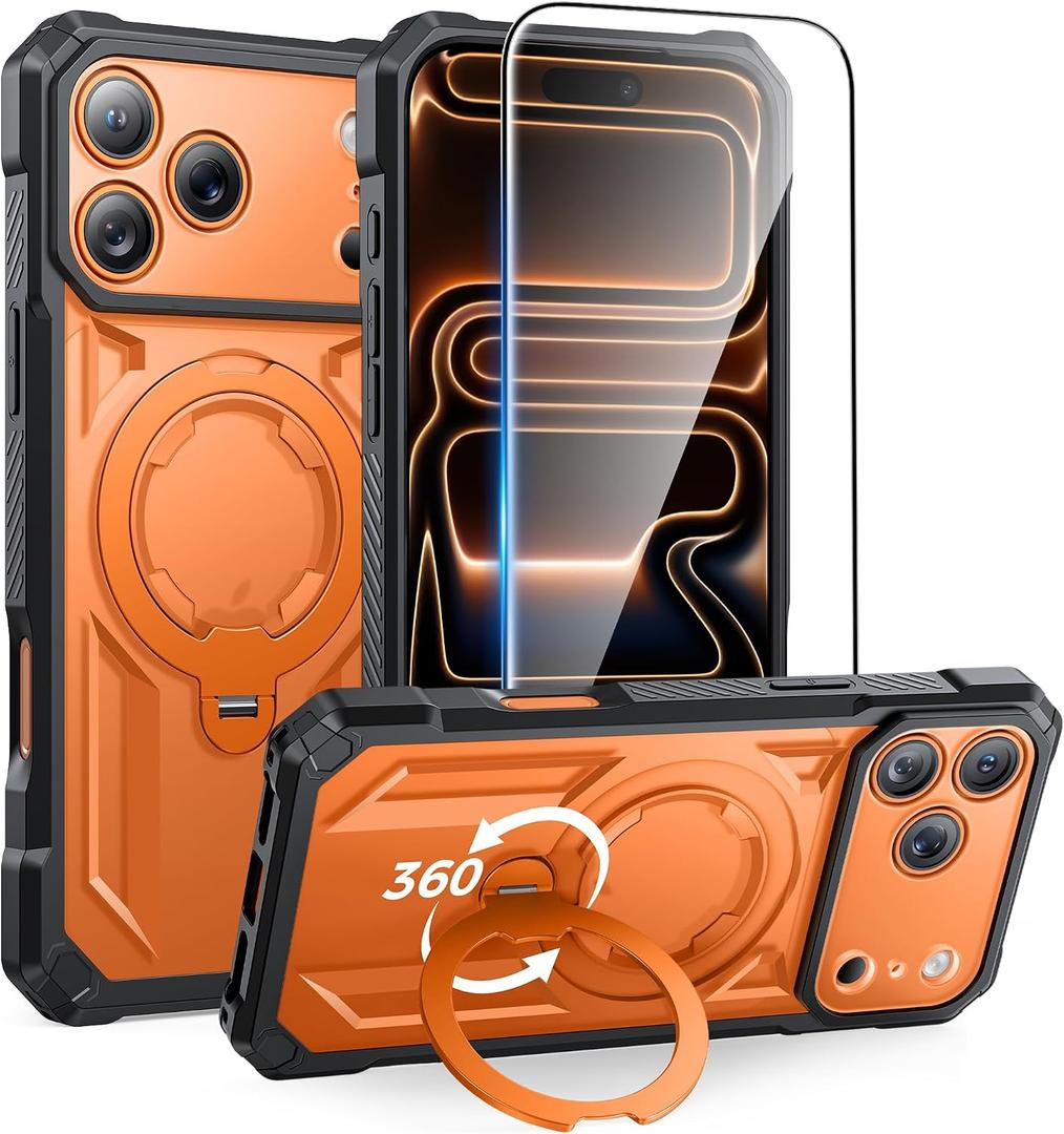 FNTCASE for iPhone 17 Pro-Max Case: [360 Spin Magnetic Ring Kickstand] [Compatible for MagSafe] [Screen Protector] Heavy Duty Military Grade Protection Protective Phone Case with Stand Orange