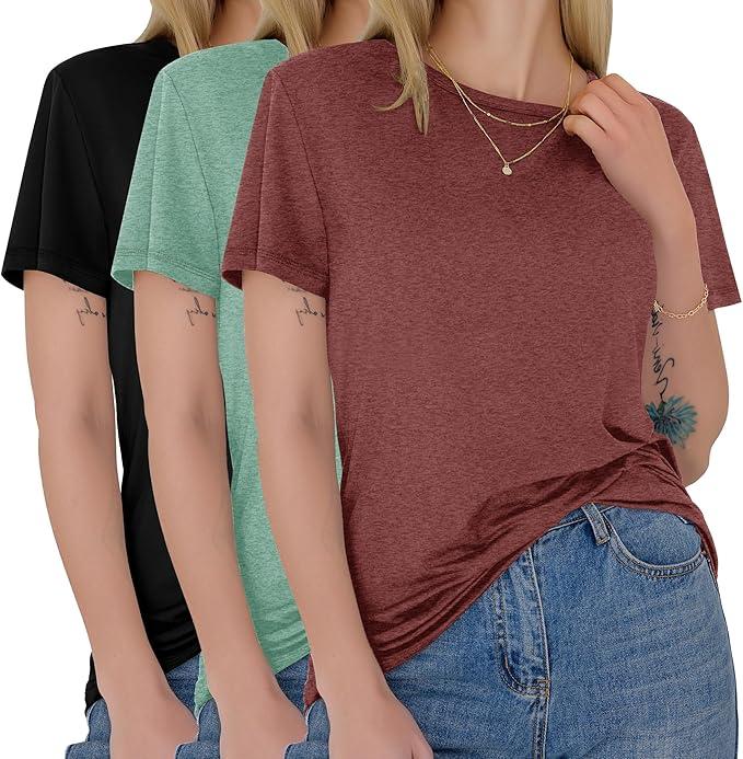3 Pack Women's T-Shirts - Short Sleeve Spring Summer Tops Crew Neck Trendy Casual Work Soft Basic Tees for Ladies 2026, Size L