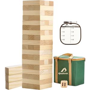 ApudArmis 54 PCS Tumble Timber Set [Up to 3.2FT], Pine Wooden Tumble Tower Game with Dice and Scoreboard Set - Classic Block Stacking Board Game for Teens Adults (Burlywood)