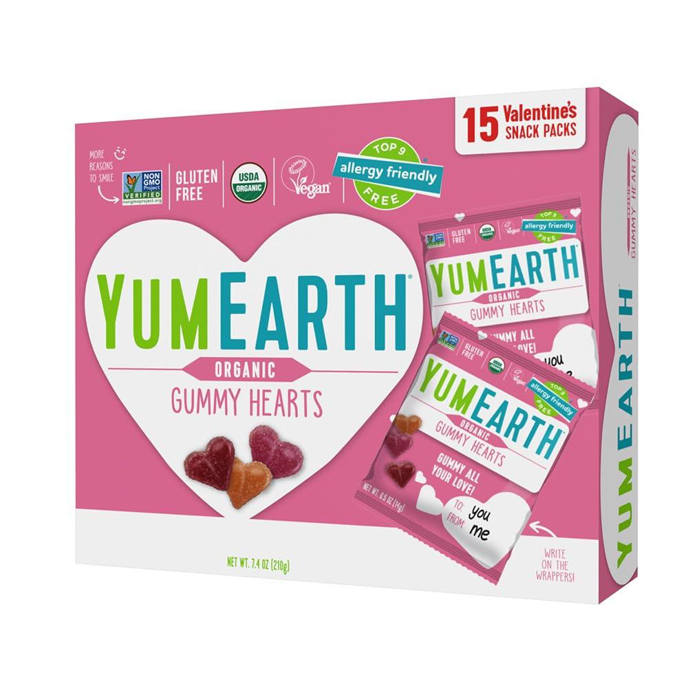 YumEarth Organic Valentine Sugarcoated Gummy Fruit Hearts - Fruity Candy, Gluten Free Snacks for Kids - Allergy Friendly, Non-GMO, No Artificial Dyes - Assorted Flavors, 7.5 oz (Pack of 15)