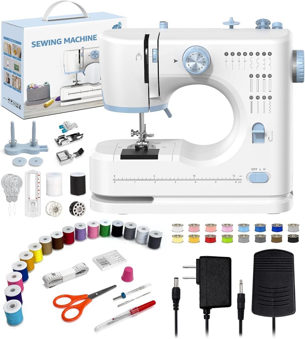 Sewing Machine for Beginners, 16 Built-In Stitches, Small Sewing Machine with Accessory Kit, 2-Speed, Foot Pedal, Storage Drawer, Portable Tabletop Full-Feature Design for Home DIY (Blue)