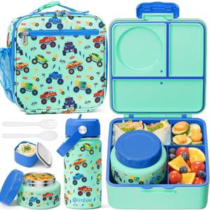 Fimibuke Kids Bento Lunch Box with Thermos, Leakproof Toddler Bento Box with 8.5 OZ Insulated Food Jar, Lunch Bag, Kids Water Bottle, 3 or 4 Compartment Container for Back to School Toddler Girls Boys (Monster Trucks)