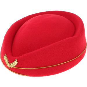Women Air Stewardess Hat Woolen Flight Attendant Hat Stewardess Cap for Costume Cosplay Musical Performance - Size M(Red)