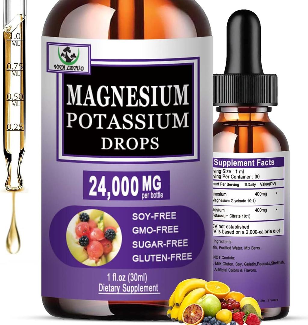 2 x Magnesium Glycinate with Potassium Supplement,Liquid Magnesium Glycinate 500mg Potassium Citrate 500mg, Magnesium Liquid Drops for Vascular, Bone, Heart, Muscle & Nerve Health,Non-GMO,Vegan