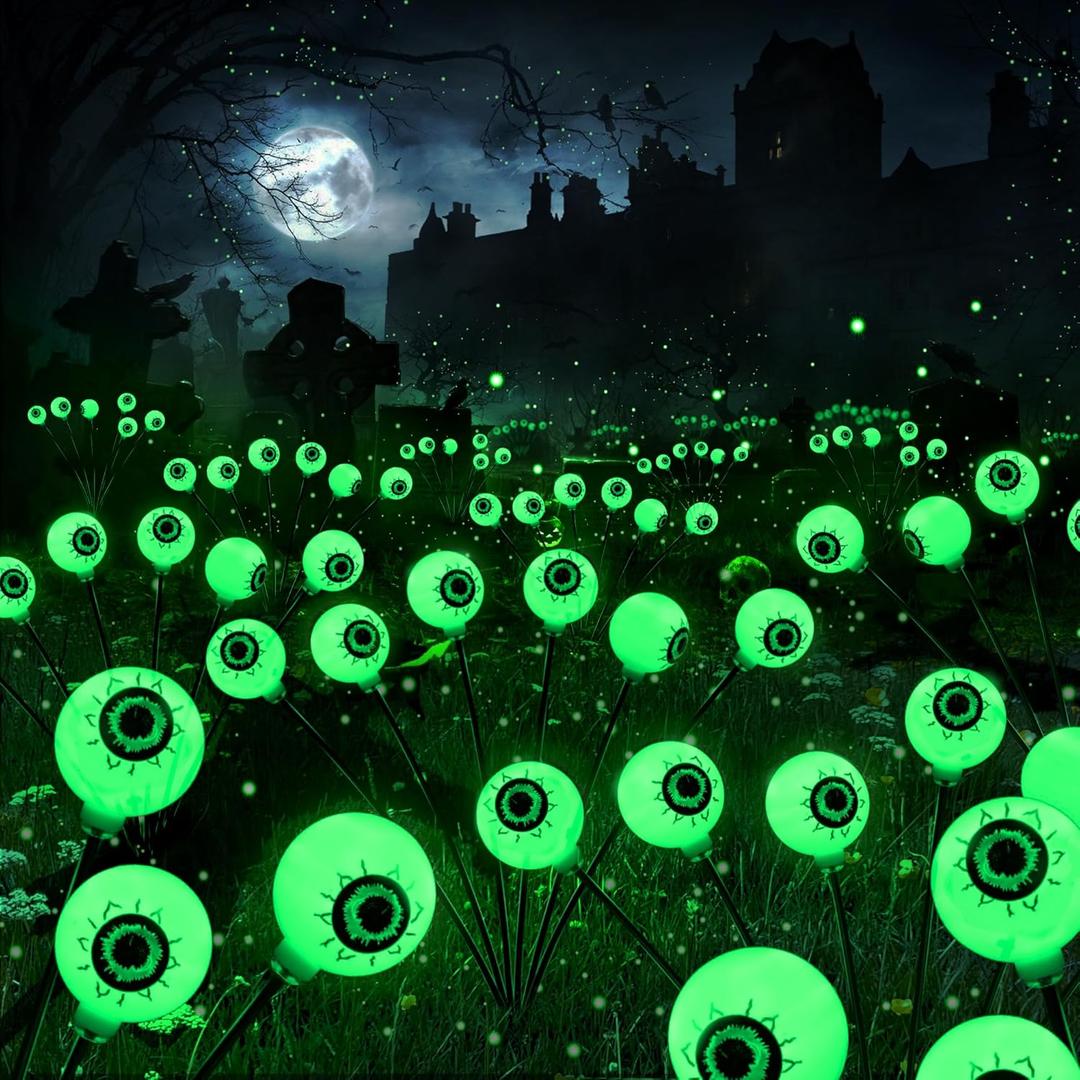 BrizLabs Solar Halloween Lights, 2 Pack 12 LED 2 Modes Halloween Eyeball Lights, Outdoor Pathway Light, Swaying Eye Firefly Walkway Lighting, Green Solar Lighting for Path Yard Garden Lawn