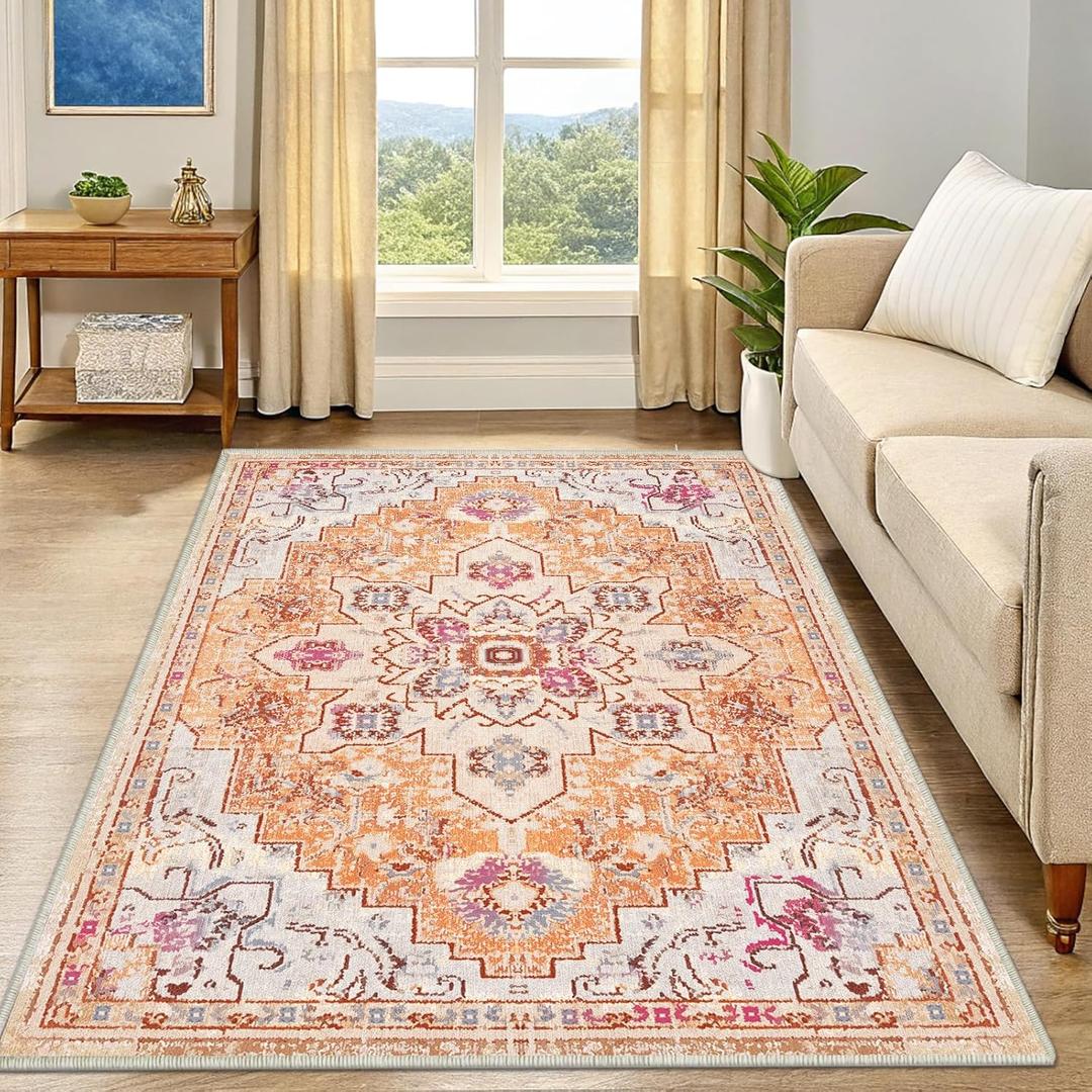 Smiry 4x6 Area Rugs for Living Room, Boho Chic Style Printed Rugs, Low Pile, Non-Shedding, Easy Care, Machine Washable Lightweight Floor Carpets Rugs for Bedroom, Dining Room, Home Office, Orange