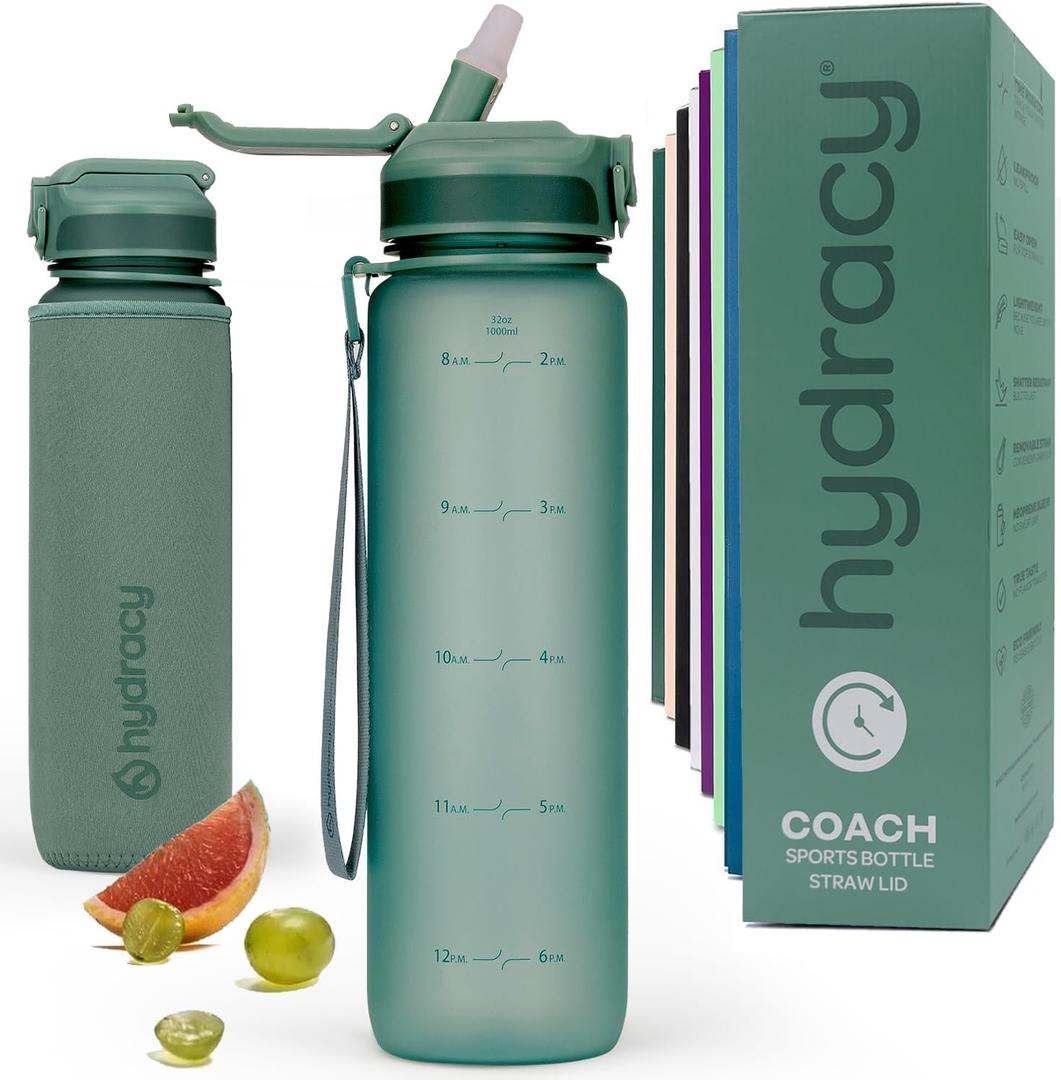 Hydracy Water Bottle with Time Marker -Large BPA Free Water Bottle & No Sweat Sleeve -Leak Proof Gym Bottle with Fruit Infuser Strainer & Times to Drink -Ideal for Fitness Sports & Outdoors (Moonlight Green)
