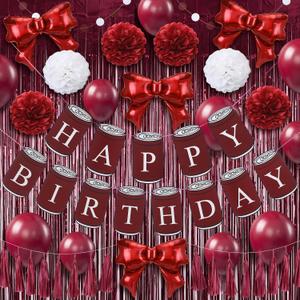 Arrowbash 33 Pcs Burgundy Maroon White Birthday Decorations Include Happy Birthday Banner, Red Tinsel Foil Backdrop, Tissue Paper Pom Poms, Circle Dots Garland, Bow Balloons, Paper Tassels