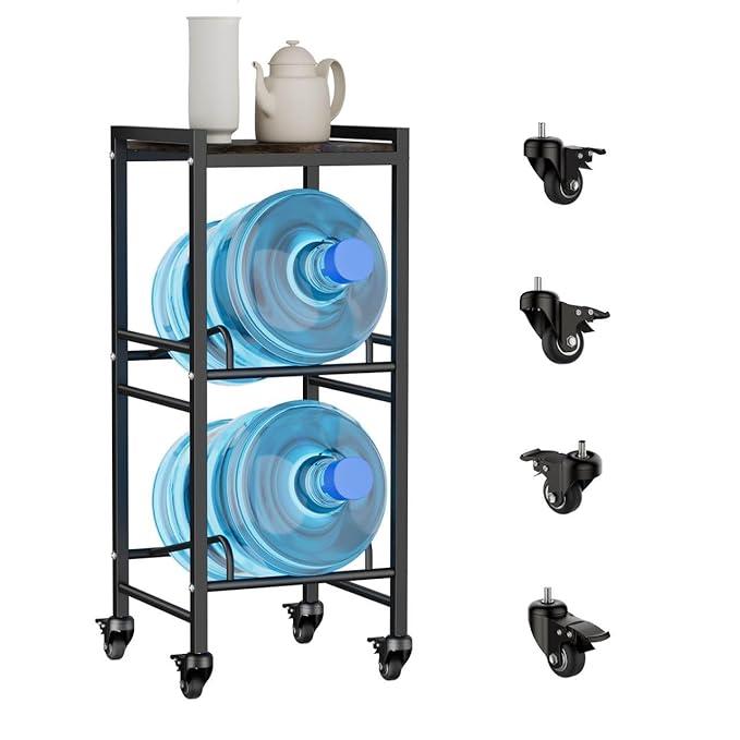 Heavy Duty 2 Tiers Water Rack Top Storage Shelf with 4 Wheels - Space Saving Dispenser Stand 5 Gallon Water Storage Rack Bottle Jug Holder Organizer/Lockable&Removable Casters/Kitchen Office Garage
