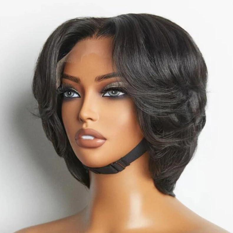 4x4 Pixie Cut Lace Frontal Human Hair Wigs for Women 4x4 Middle Part Lace Closure Wig Short Layered Pixie Cut Straight Lace Front Wigs Brazilian Virgin Human Hair Wig Natural 1b Color (1B)