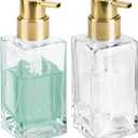 mDesign Glass Refillable Foaming Hand Soap Dispenser Modern Square Pump Bottle for Bathroom Vanities or Kitchen Sink, Countertops - 2 Pack - Clear/Soft Brass