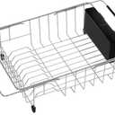 iPEGTOP Expandable Multifunctional Dish Drying Rack, Over The Sink, in Sink Or On Counter Dish Drainer Basket Shelf with Black Utensil Silverware Holder, Rustproof Stainless Organizer