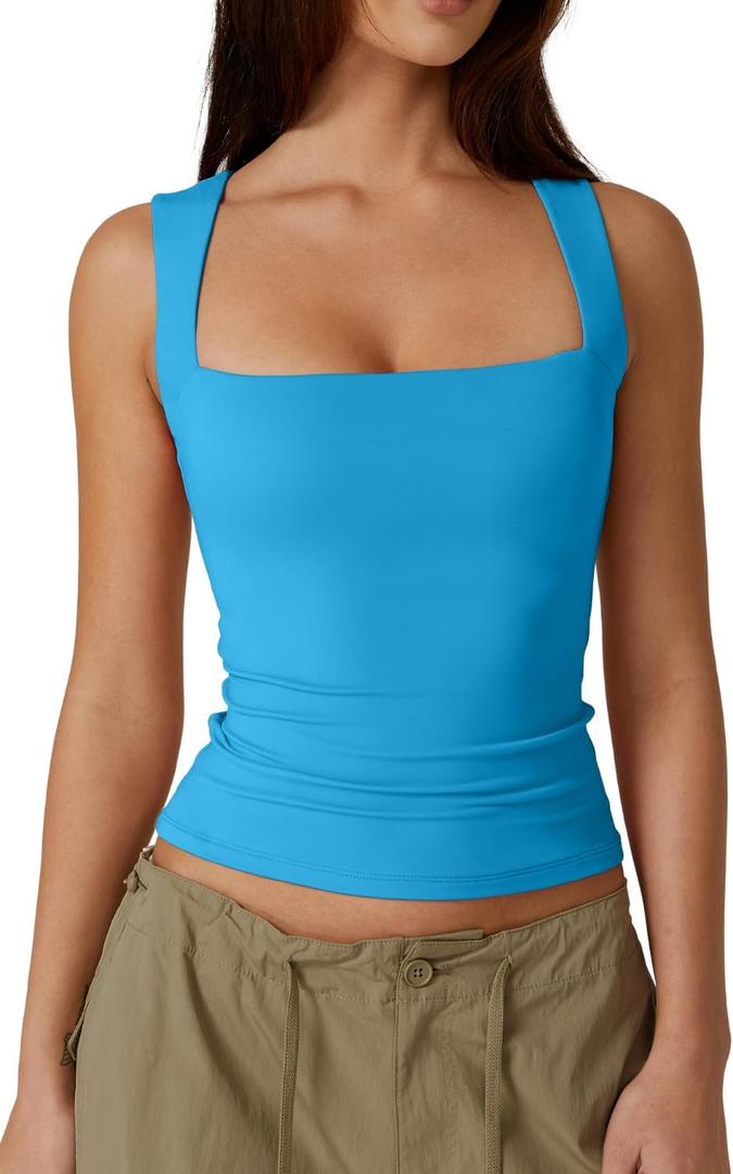 QINSEN Women's Square Neck Sleeveless Double-Layer Tank Tops Basic Tight T Shirts (Medium, Peacock Blue)
