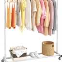 Buzowruil Rolling Garment Rack Freestanding Clothing Organizer with Wheels, Sturdy Metal Frame, Adjustable Rod, Space-Saving Design, White