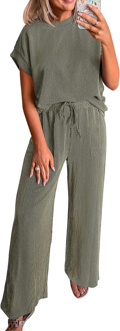 KIRUNDO 2 Piece Sets for Women Dressy Casual Ribbed Knit Short Sleeve Tops Wide Leg Pants Lounge Set Travel Airport Outfits, XXL