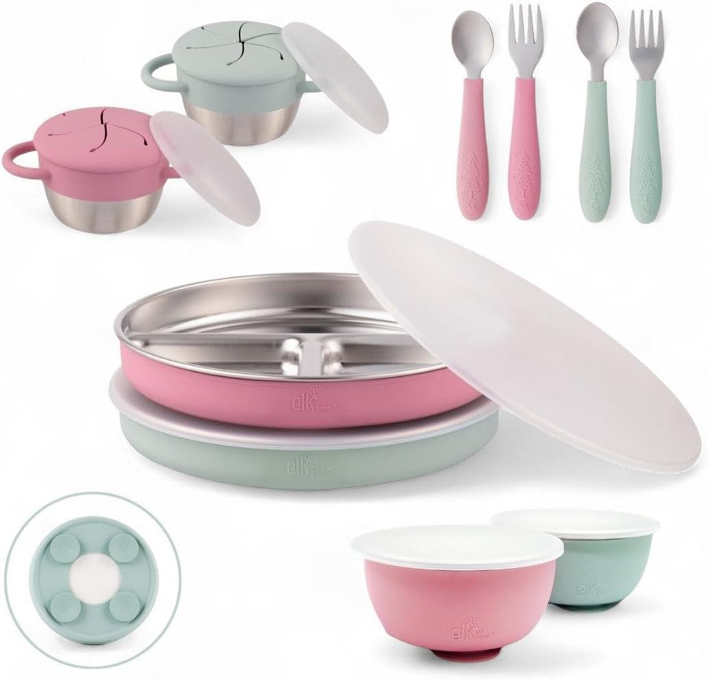 Elk and Friends Kids Stainless Steel Mealtime Bundle | Plates, Bowls, Snack Cups + Toddler Utensils | Silicone Suction Sleeves + Travel Storage Lids | For Meals + Snacks | Dishwasher Safe