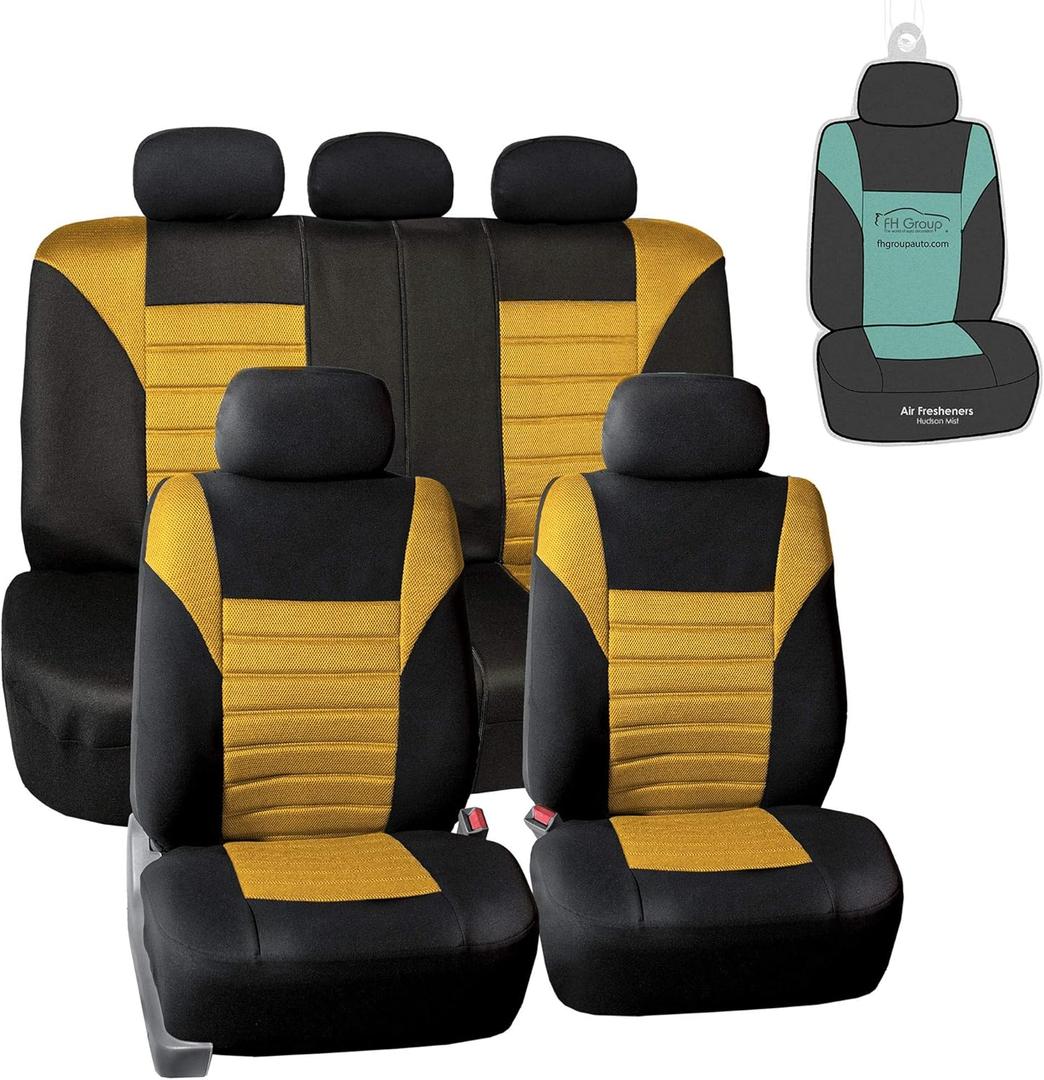 FH Group Automotive Car Seat Covers Full Set Premium 3D Air Mesh Front Seat Covers, Airbag Compatible & Split Bench Cover Universal Fit Interior Accessories for Cars Trucks and SUVs - Yellow