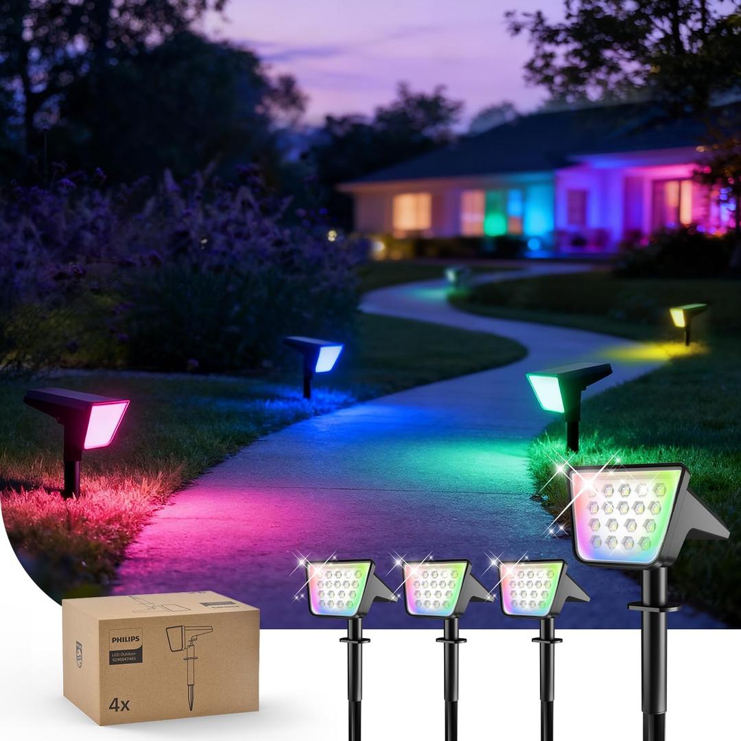 Philips 4 Packs Solar RGBW Spot Lights Outdoor, 18 LED Solar Powered Landscape Lights, 9 Lighting Modes Color-Changing Dusk to Dawn Waterproof Pathway Spotlights for Garden Trees Halloween Christmas