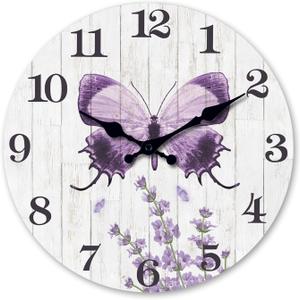 XFM Farmhouse Butterfly Wall Clock Purple Lavender Wooden Clocks 10 Inch Silent Non-Ticking Battery Operated Decorative Round Clock for Women Bedroom Living Room Kitchen