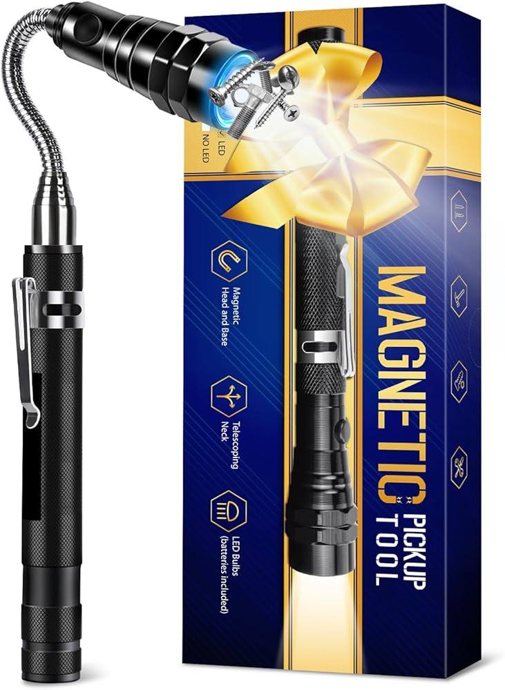 Magnetic Pickup Tool with Flashlight - 22" Extendable Magnets 360° Flexible Neck Magnet Tool Gift for Man Father Dad Grandpa Him Electrician Husband, Best Choice for Valentine, Christmas, Anniversary, Pack of 2