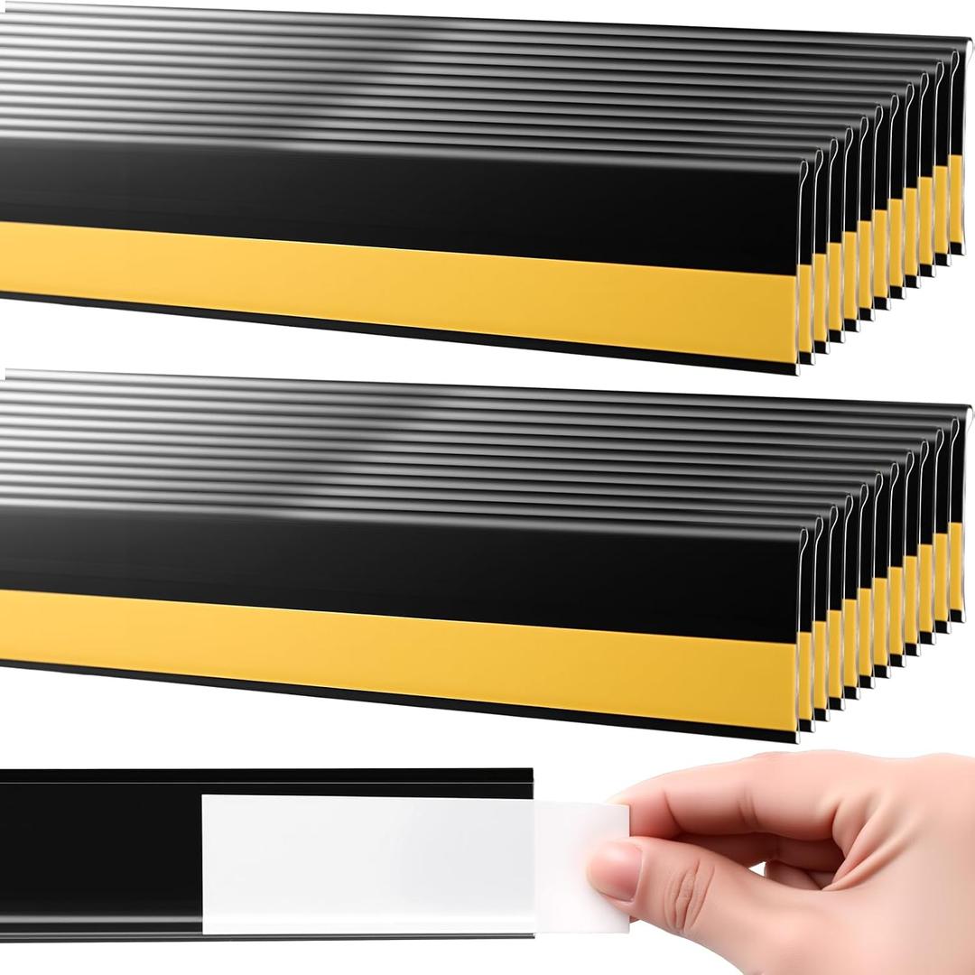 Fainne 25 Pcs Shelf Label Strips 1.5''H x 48" L Self Adhesive Shelf Label Holder Gondola Price Tag Stick on Plastic Clear Ticket Channel for Metal Wood Plastic Rack(Black)