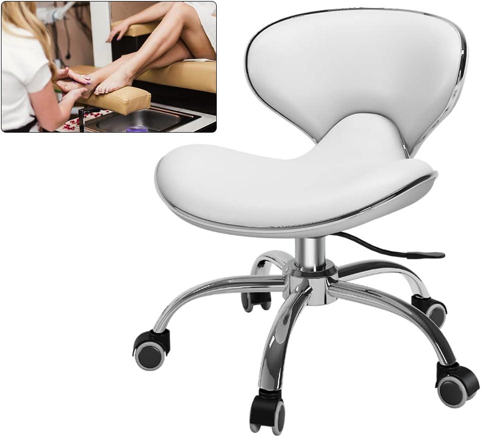Minewill Pedicure Stools for Nail Tech,Short Height Adjustable Stool Swivel Chair for Salon,Spa,Massage,Tattoo,Esthetician,Shop,Kitchen(White)