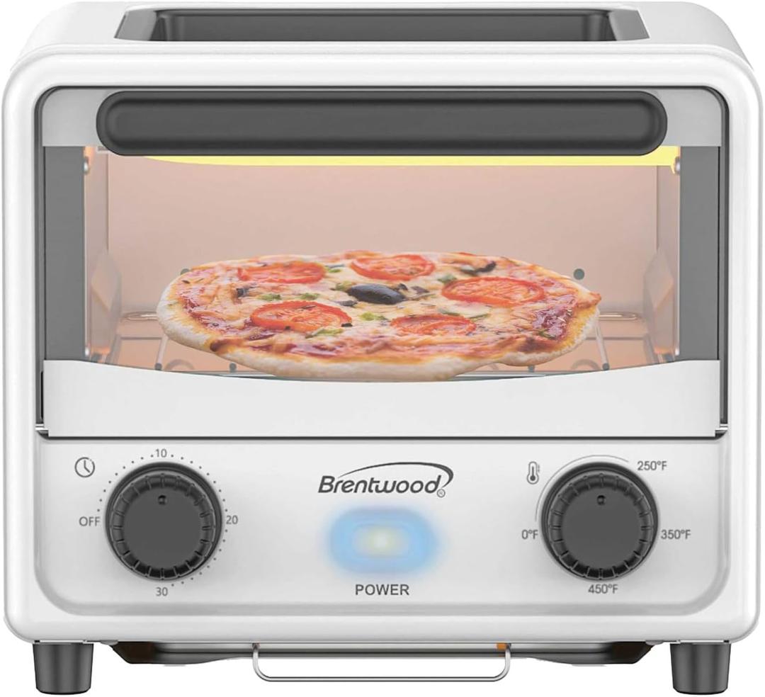 Brentwood 3 Liter Stainless Steel Mini Toaster Oven and Griddle with Timer, Adjustable Temperature, Removable Crumb Tray, and Cool Touch Handle (White)