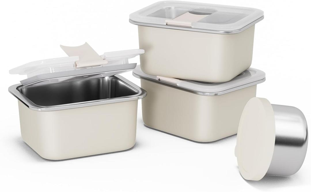 Stainless Steel Snack Box Containers for Kids, 3 Packs 12 oz Leak-Proof Microwave-safe Small Food Storage Container with Lid, Metal Compact Bento Lunch Box Container for School Travel (Beige)